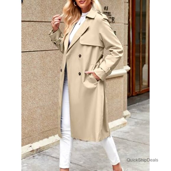 Women's Double Breasted Trench Coat Windproof Long Lapel Belted Overcoat - Picture 4 of 7